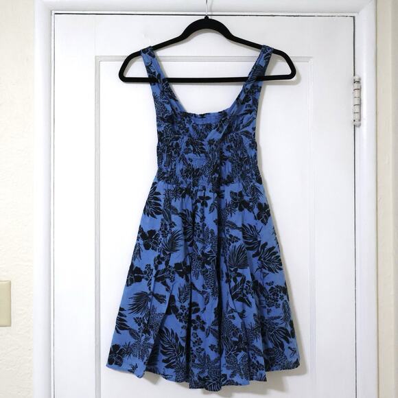 Vintage Free People Blue Tropical Smocked Cotton Mini Dress 4 Boho Travel - Picture 5 of 8